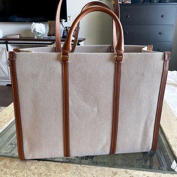Tory Burch Blake Jumbo Tote Bag Canvas Leather Trim Neutral Cream Brown Cuoio - Picture 7 of 8